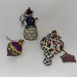 Jim Shore 3 Christmas Ornaments Snowman Decorative Bobbles White Blue Purple